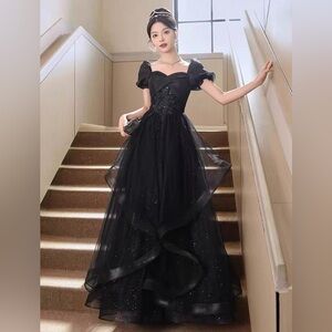 Elegant Black Evening Gown Puff layer skirt corset tie back Asian size 6XL